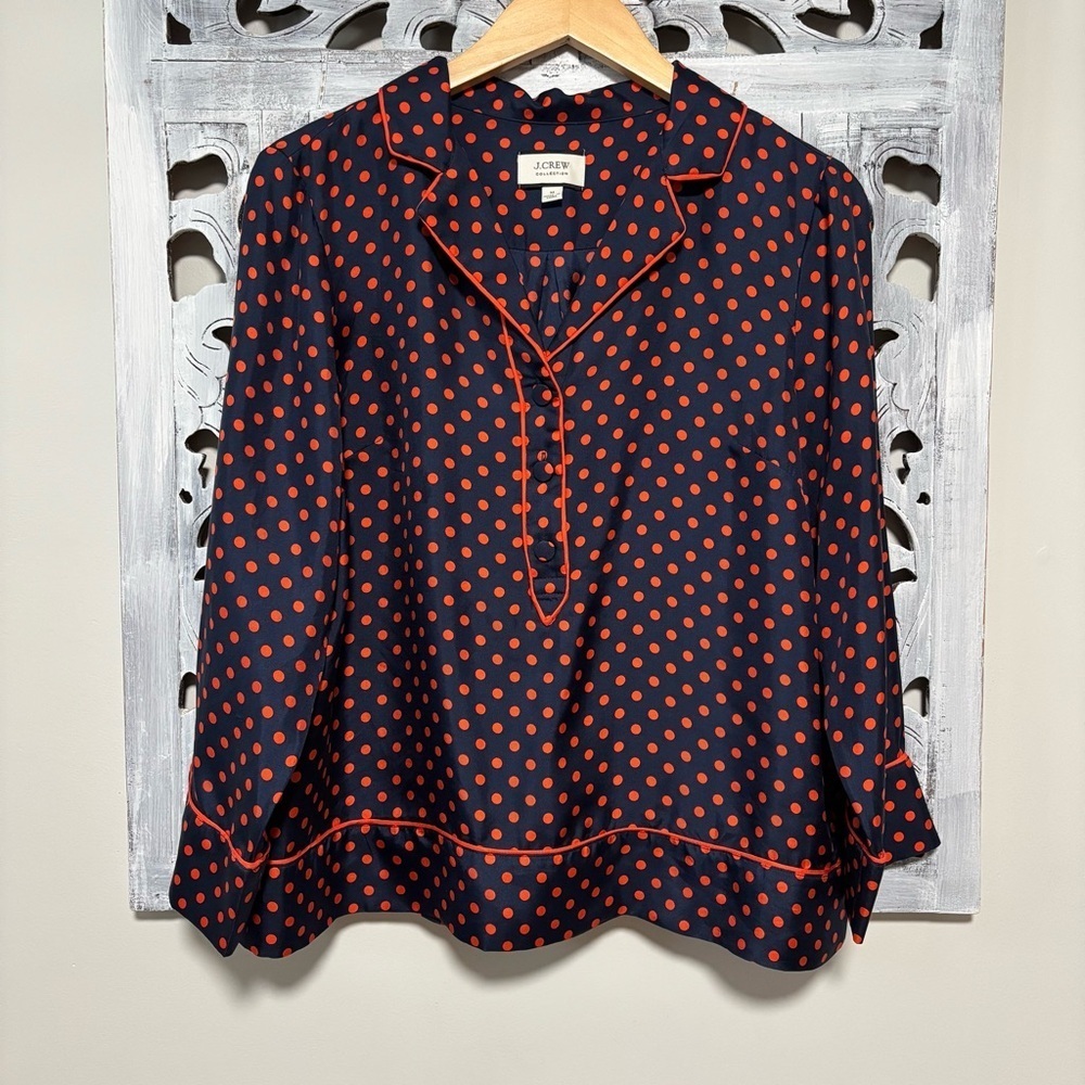 NEW J. Crew Collection Silk-Twill Navy/Orange Polka Dot Popover Blouse Size M - Picture 3 of 8